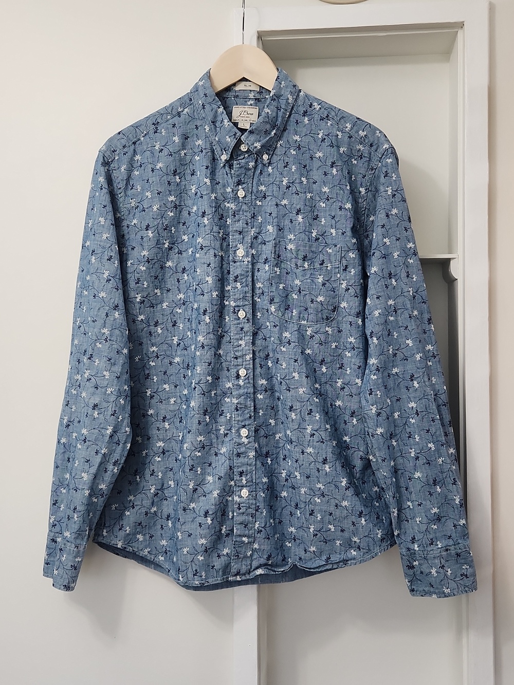 J. Crew Men's Cotton Blue Floral Chambray Slim Button Up Shirt L